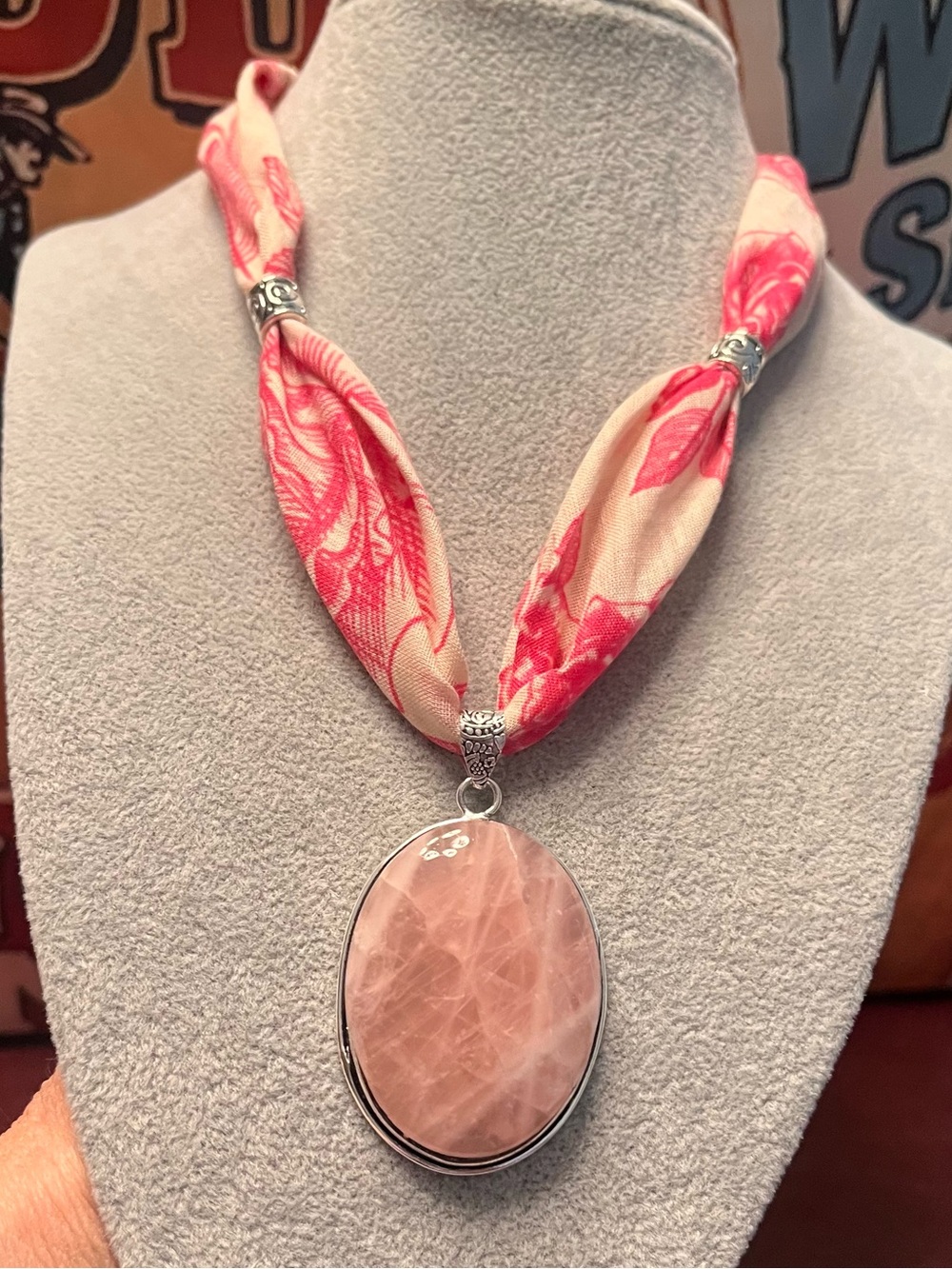 Large 2.5” Rose Quartz Pendant Necklace with Pink Floral Scarf